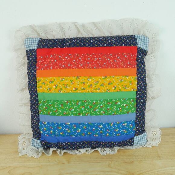Handmade Other - Vintage Patchwork Rainbow Throw Pillow Eyelet Ruffle Pride Kitschy Cottagecore